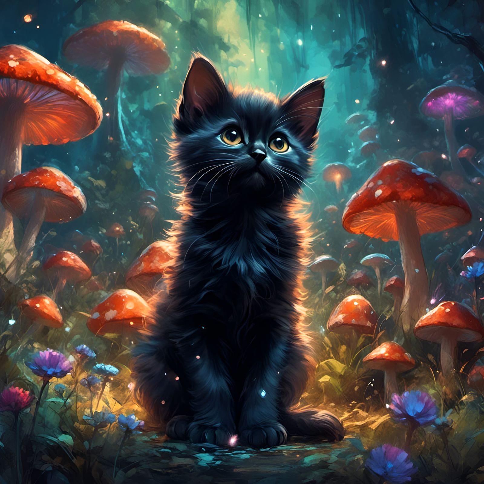Cute Black Kitten in Bioluminescent Mushroom Patch