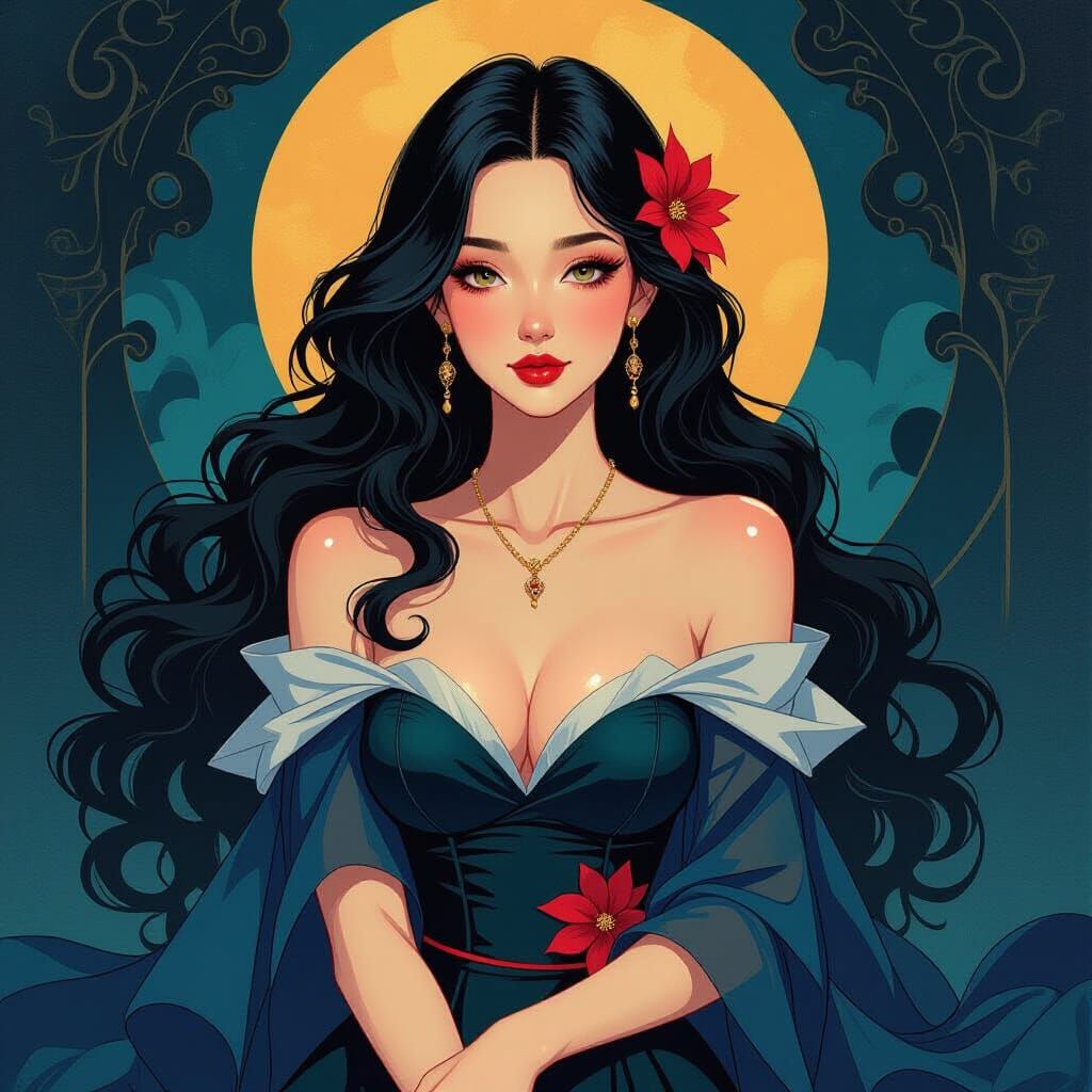 Elegant Woman in Shadows: A Gouache-Style Portrait