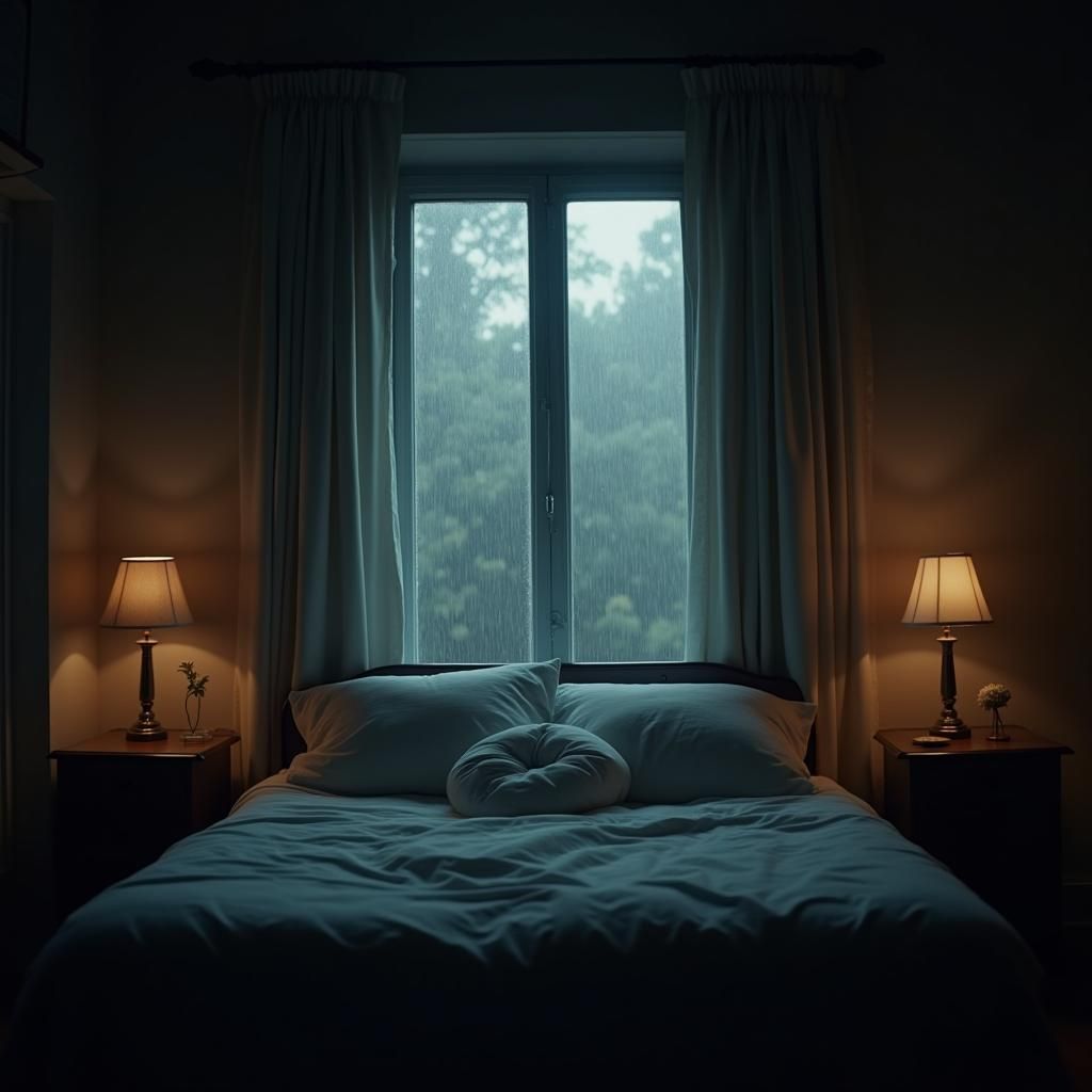 Atmospheric Bedroom with Rain, Cinematic Soft Focus