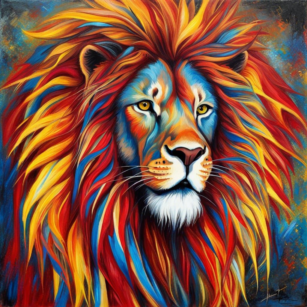 Humanoid Lion Contour Art in Yellow, Red and Blue