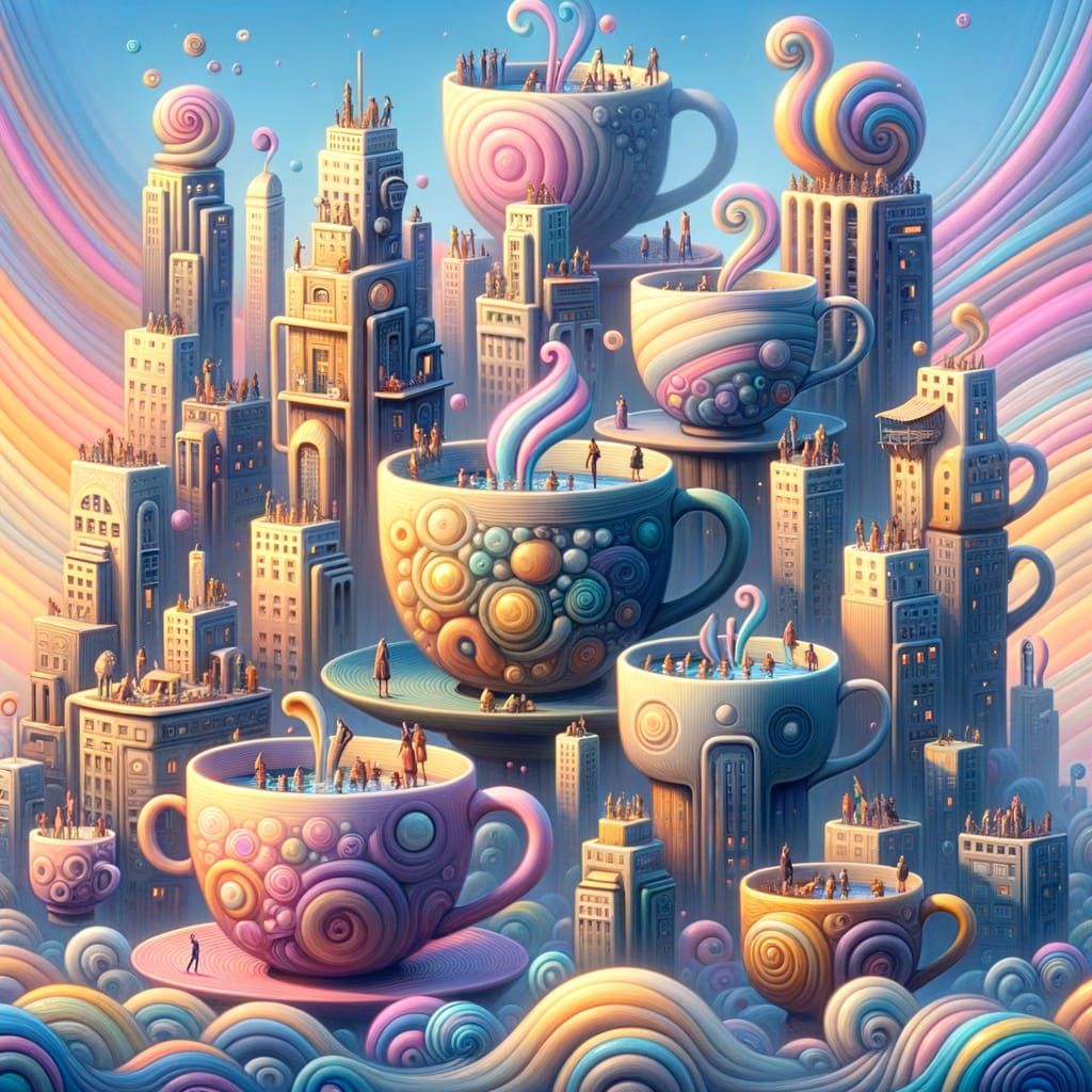 Whimsical Teacup Cityscape in Pastel Sky