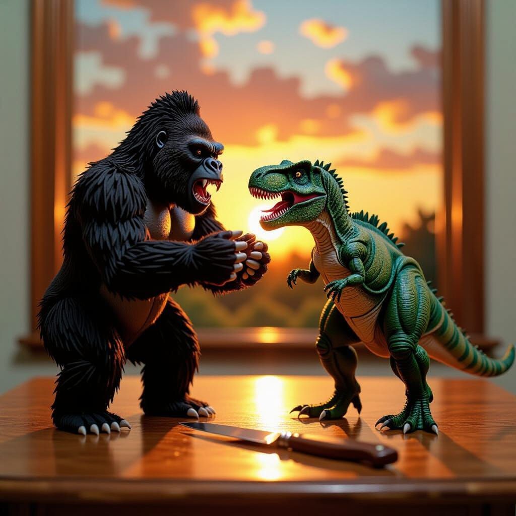 Toothpick Gorilla vs T-Rex Battle: Photorealistic Oil Painti...
