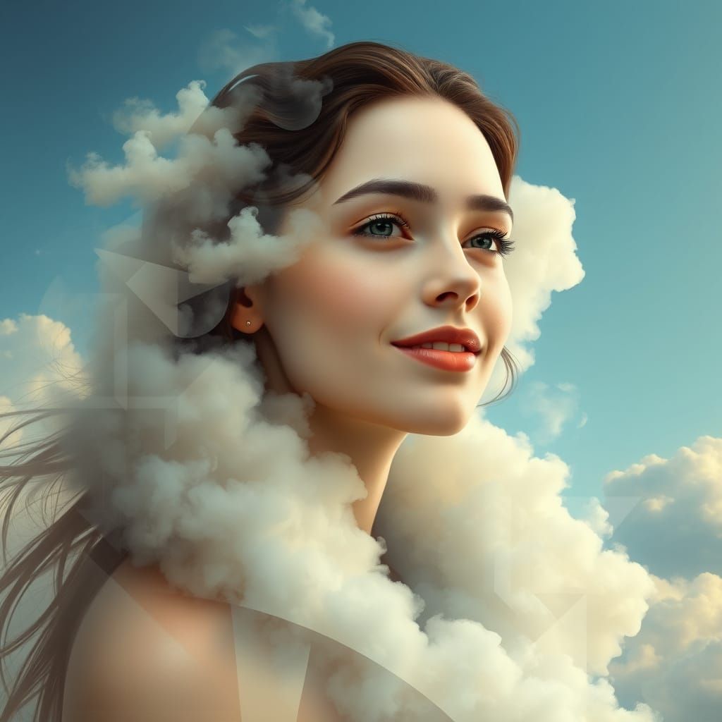 Ethereal Woman Dissolves into Cubist Sky