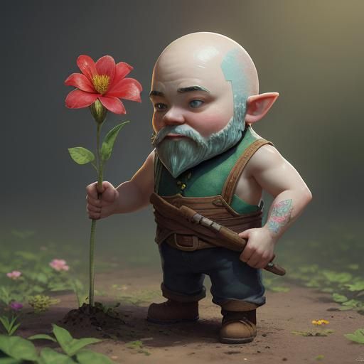 Bald Gnome  planting a flower