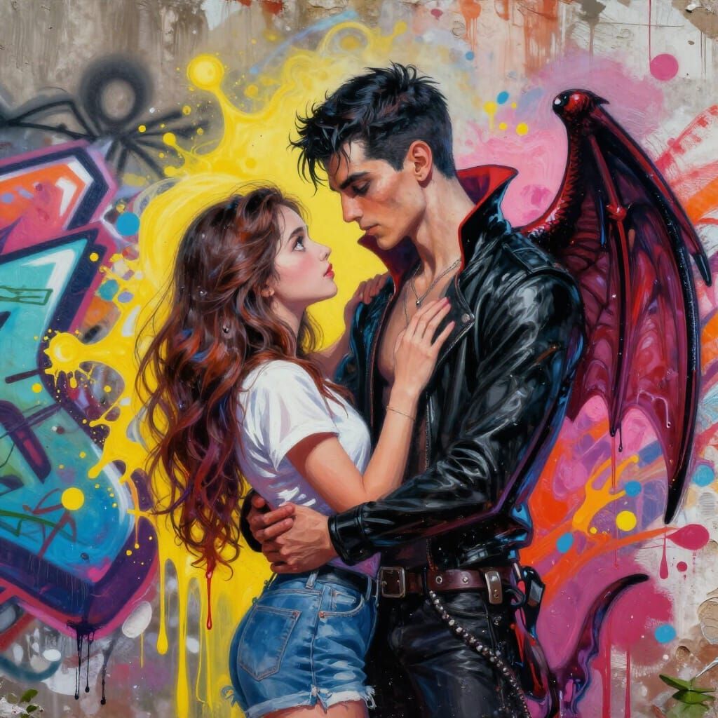 Vampire Boy With Demon Wings Holds Girl in Romantic Gaze