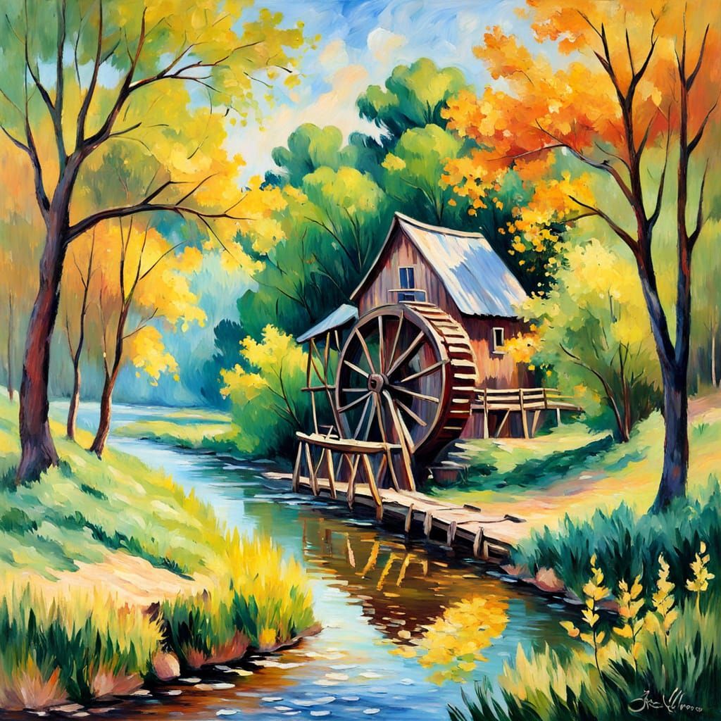 Rustic Waterwheel in Impressionist River Landscape