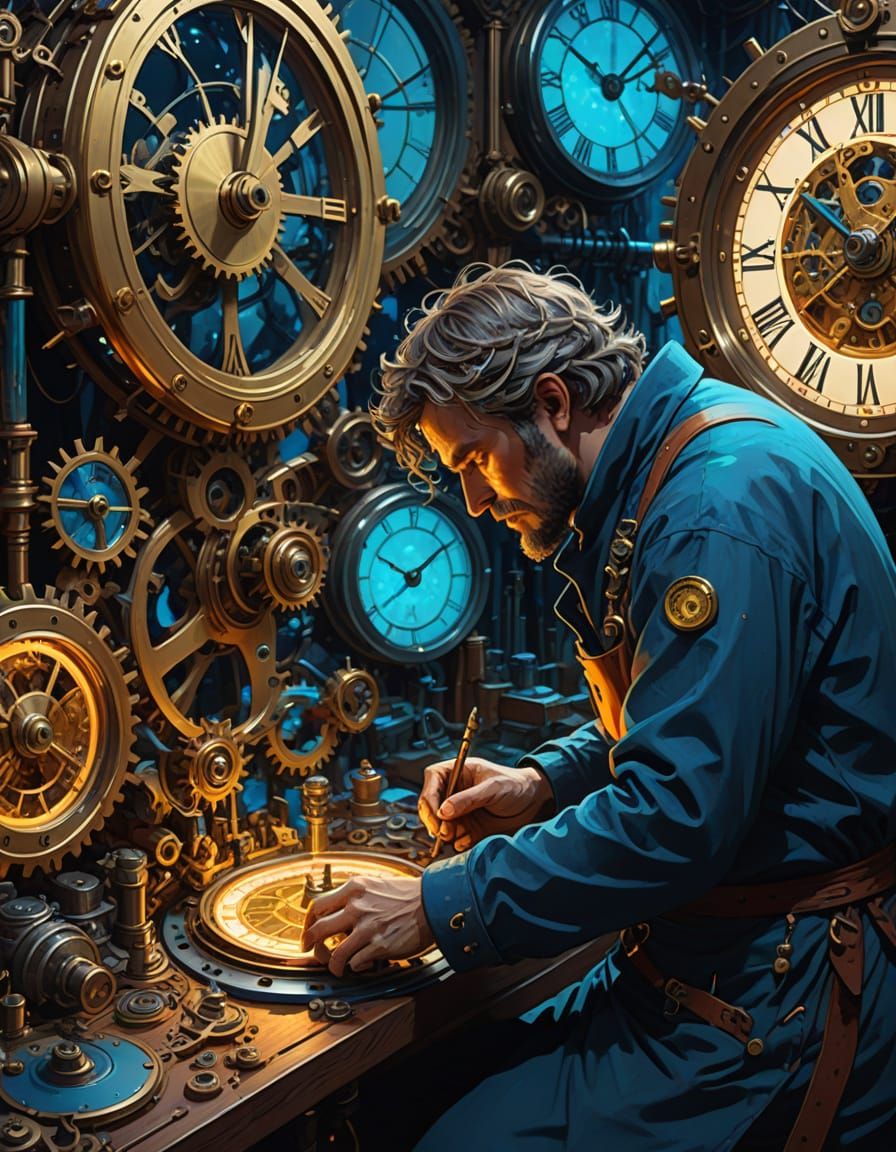 Celestial Clockmaker Assembling Timepieces in Stardust Works...
