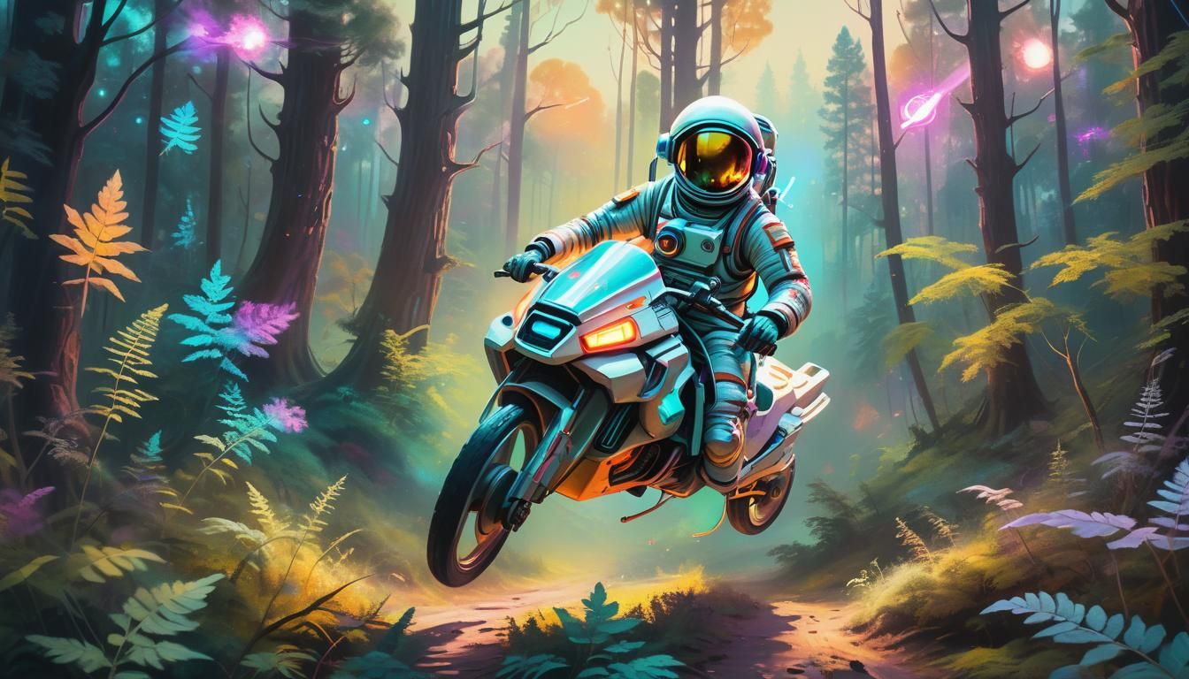 Astronaut's Mystical Forest Ride: Vibrant Oil Painting