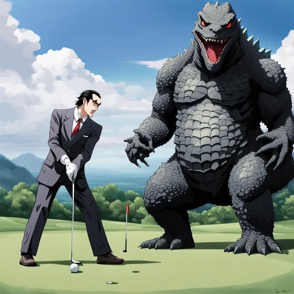 Dracula and Godzilla Play Golf in Anime Style