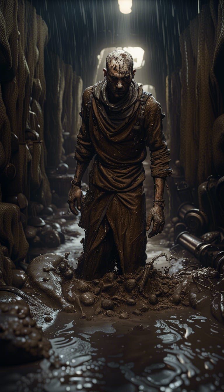 Man Covered in Mud in Sewer: Detailed Matte Painting