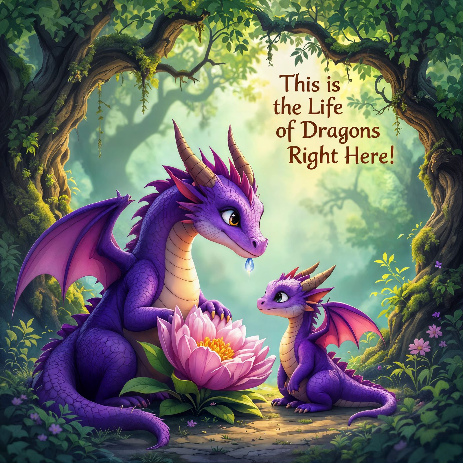 Purple Dragon Family in Enchanted Forest Digital Painting