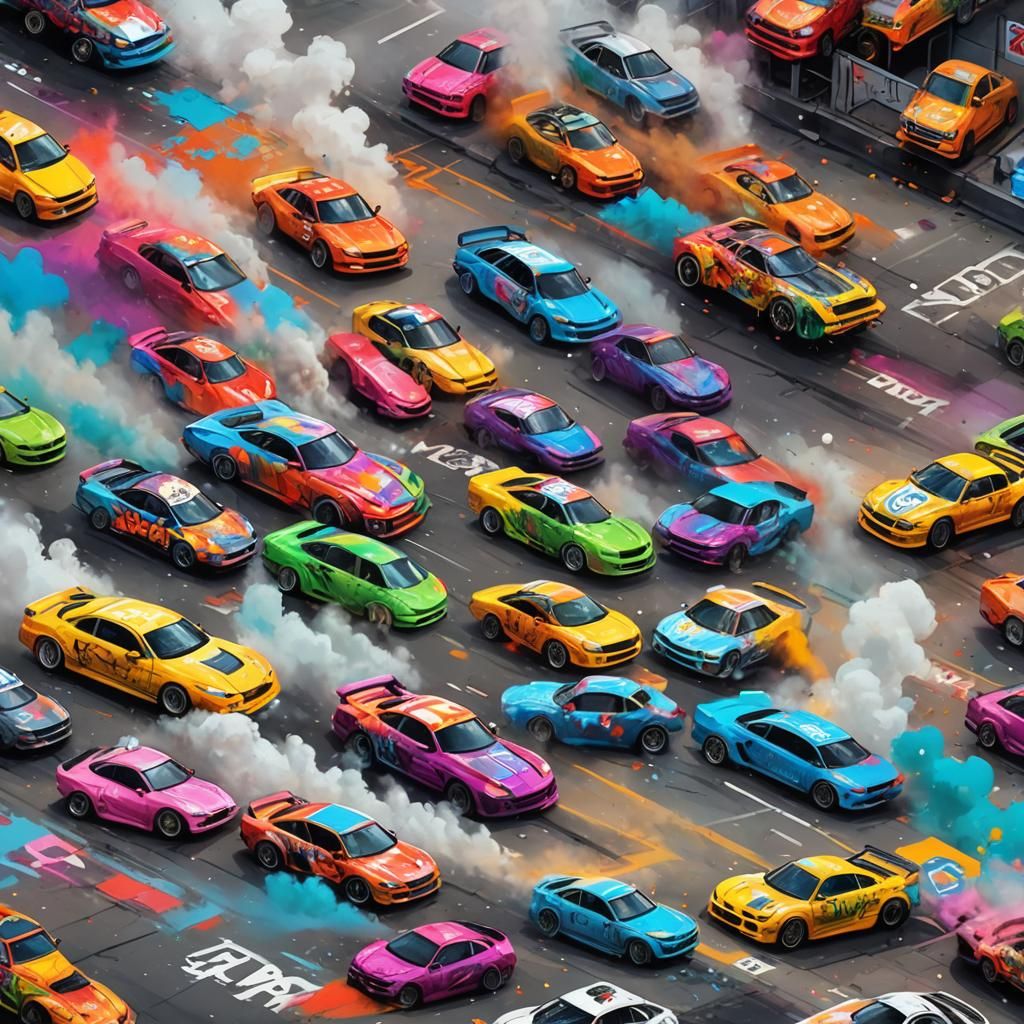 Colorful Racecars Turn in Graffiti Splash Art Style
