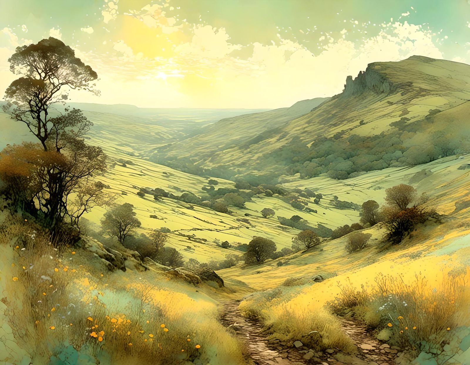 English Lowlands Landscape as Stylized Oil Painting