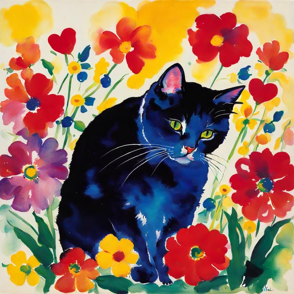 Cat with Flowers in Expressionist Style