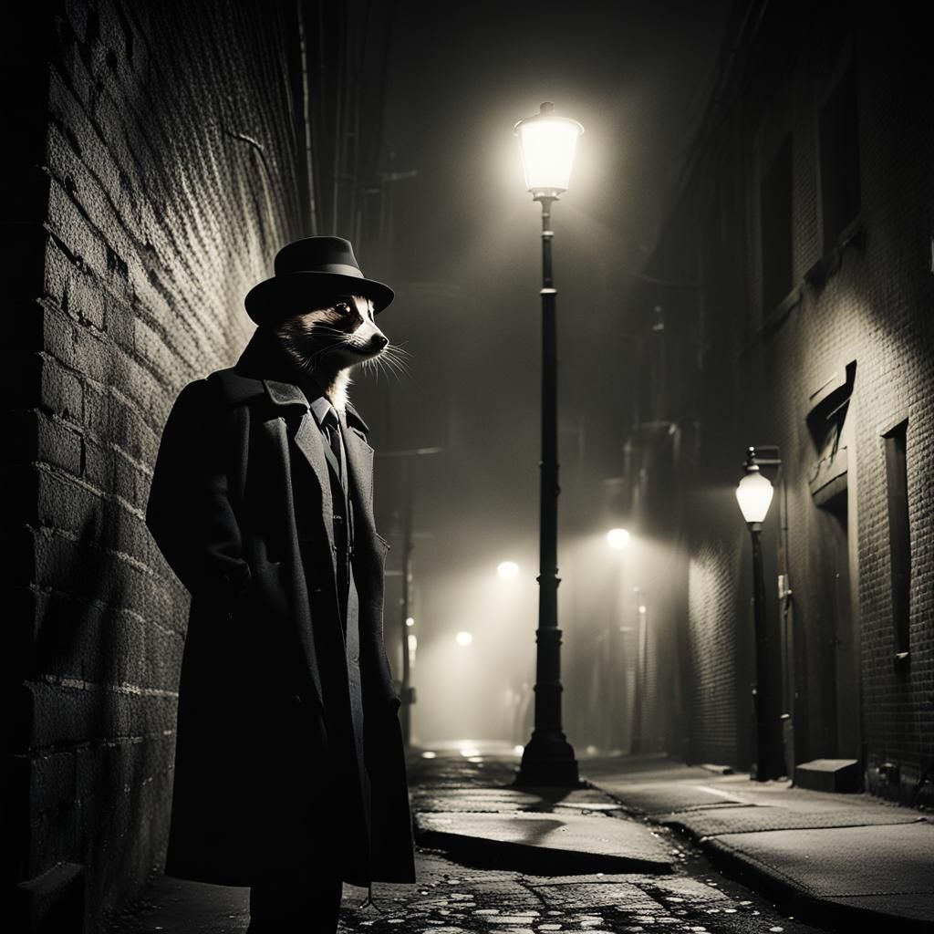 Film Noir Raccoon Detective in Alleyway