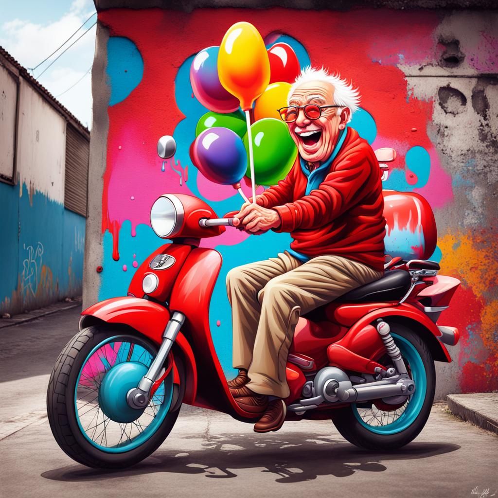 Laughing Grandad on Motorbike in Graffiti Art Style