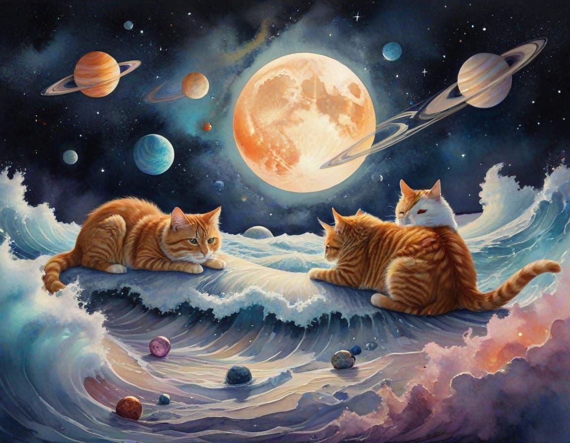 Ginger Cats Watch the Full Moon Amidst Vibrant Planets and R...