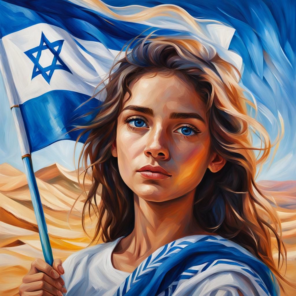 Girl Holding Israeli Flag in Vibrant Oil Painting