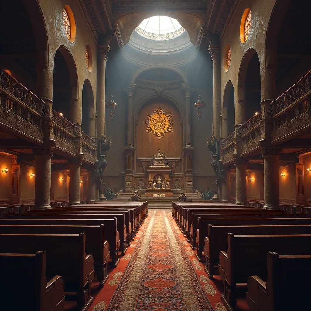 Ancient Wooden Synagogue Interior with Tall Ark