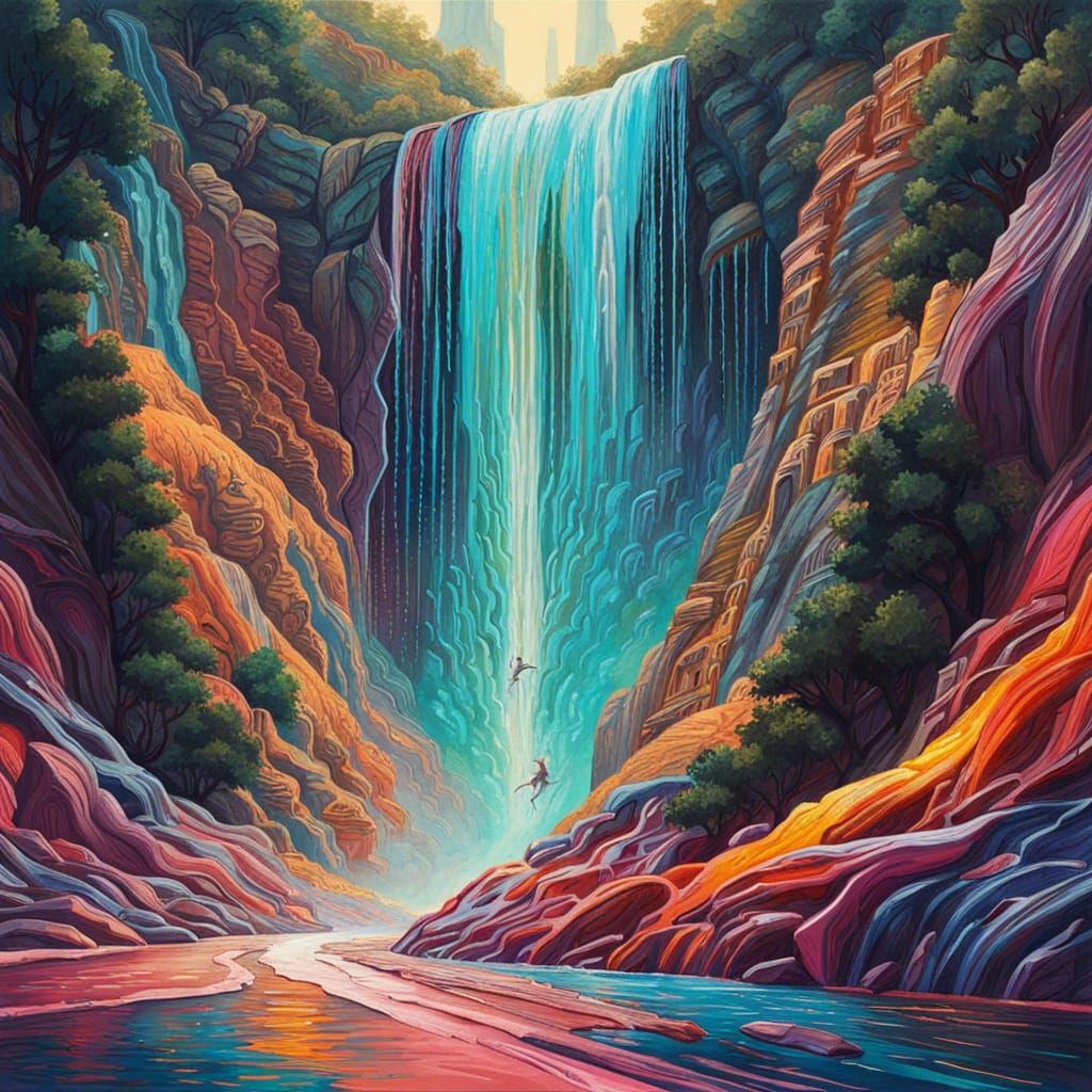 Baroque Waterfall Becomes Highway in Retrofuturist Style