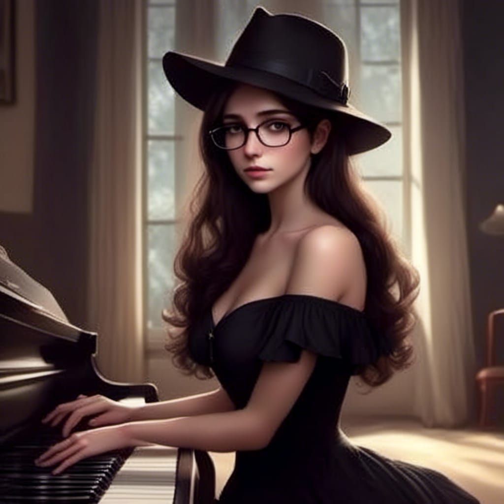 Woman in Fedora Plays Piano, Photorealistic