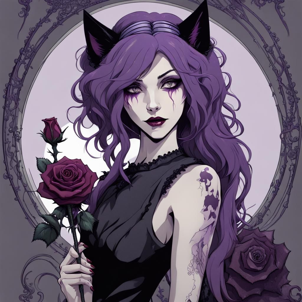 Gothic Purple Wolf-Woman in Tim Burton Style