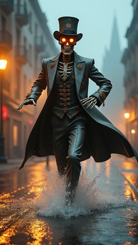 Steampunk Skeleton in Silver Suit Runs at Dusk