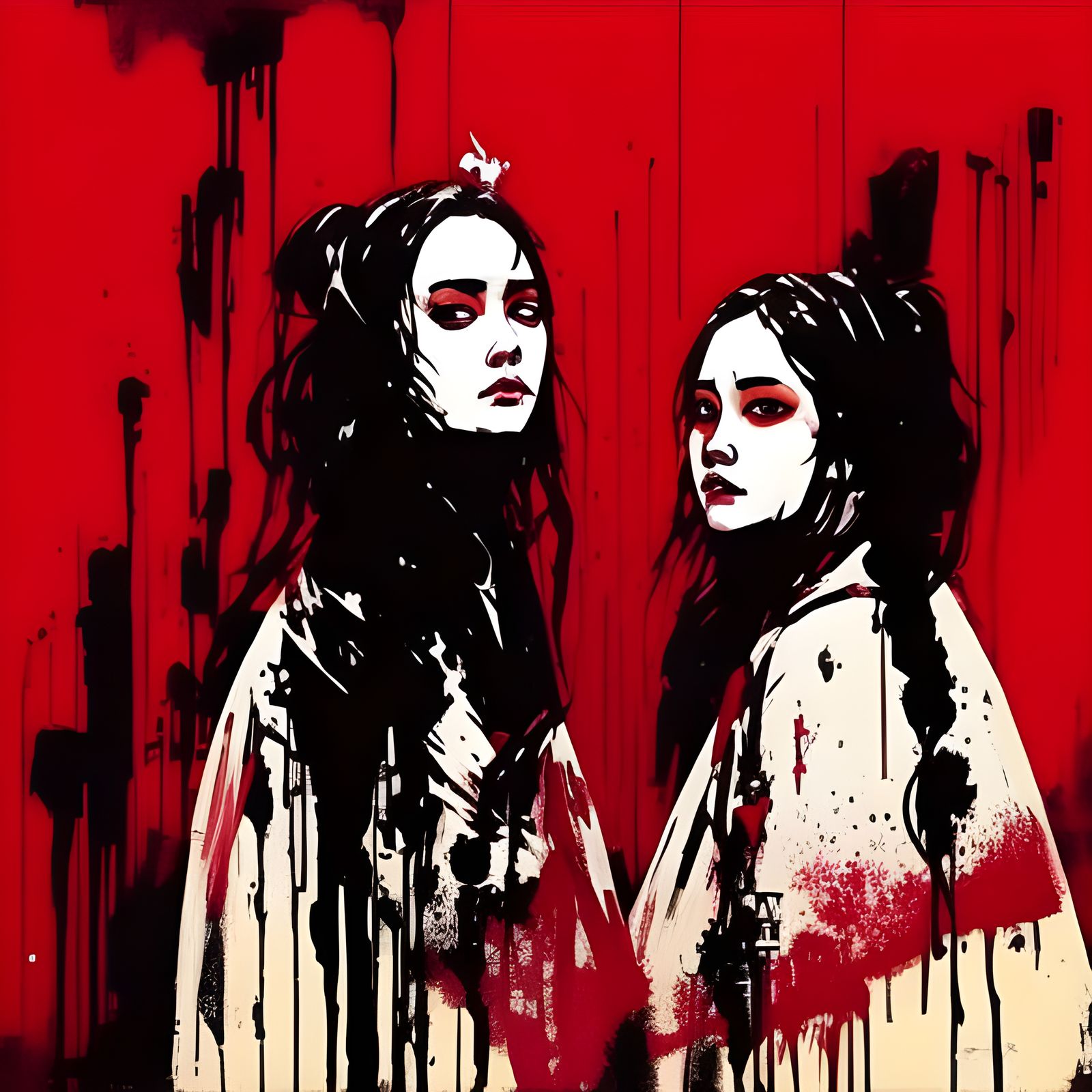 Sinister Portrait of Two Girls in Horror Style