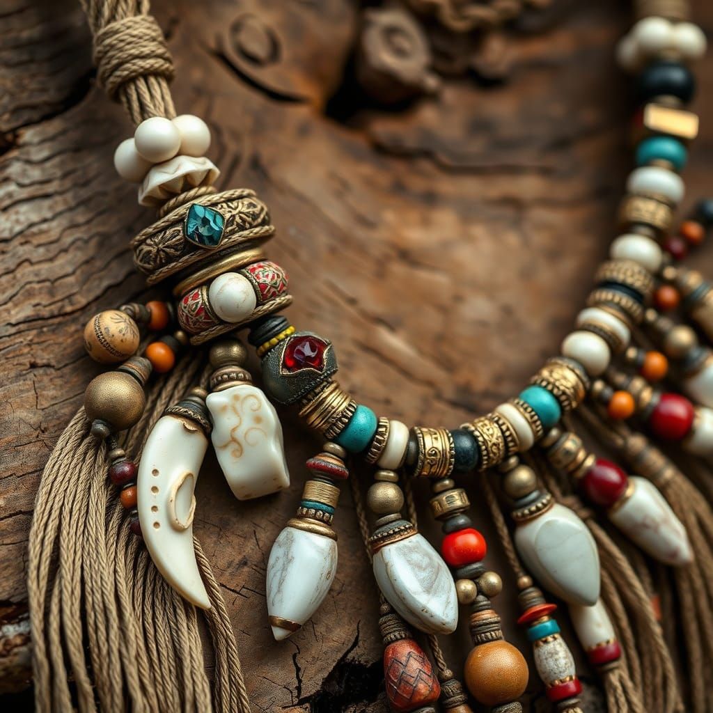 Shamanic Necklace Close-Up: Intricate Ivory and Gemstone Det...