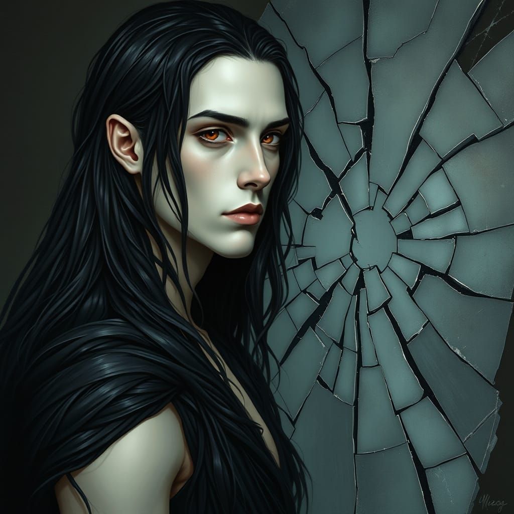 Ethereal Figure Stands Before Shattered Mirror