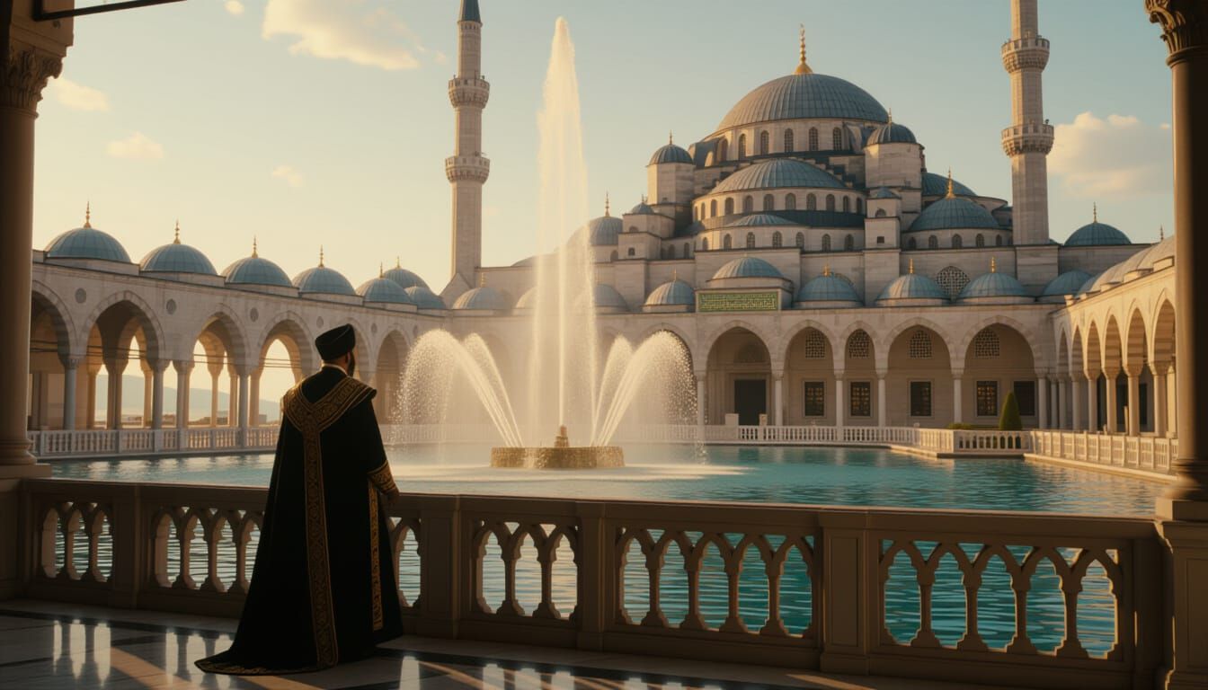 Regal Ottoman Sultan Overlooking Palace Fountain
