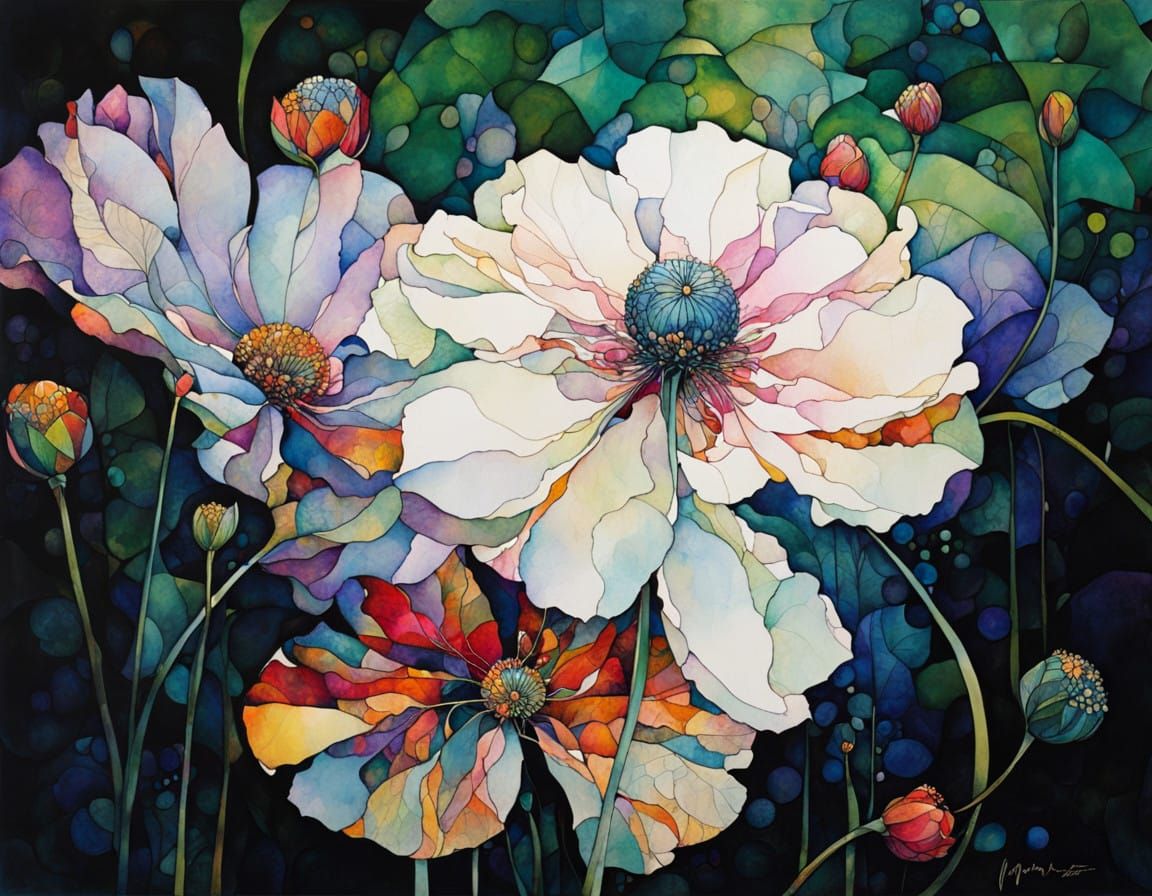 Intricate Abstract Floral Art in Meticulous Ink and Watercol...