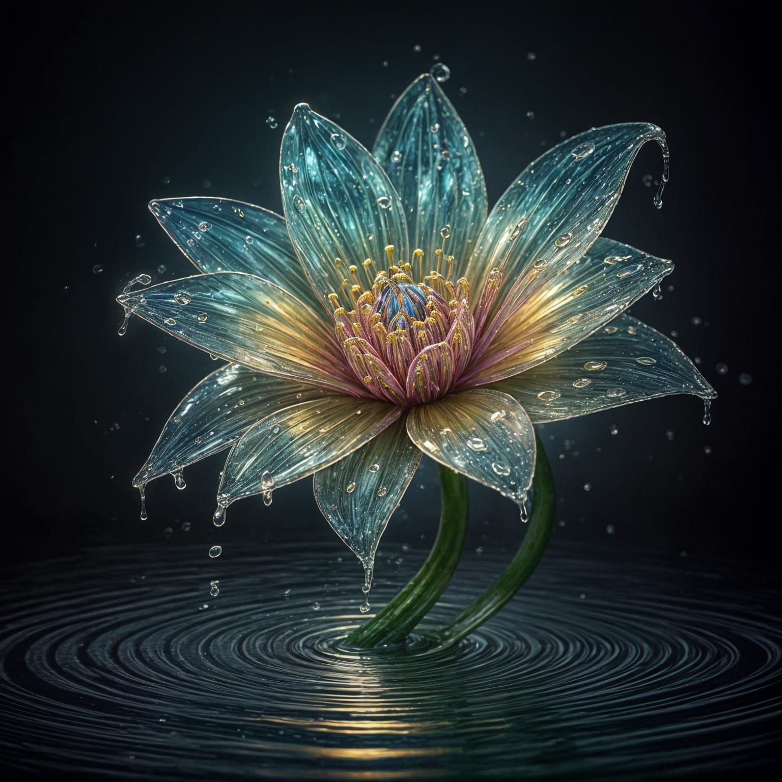 Ethereal Crystal Fountain Bloom in Iridescent Hues