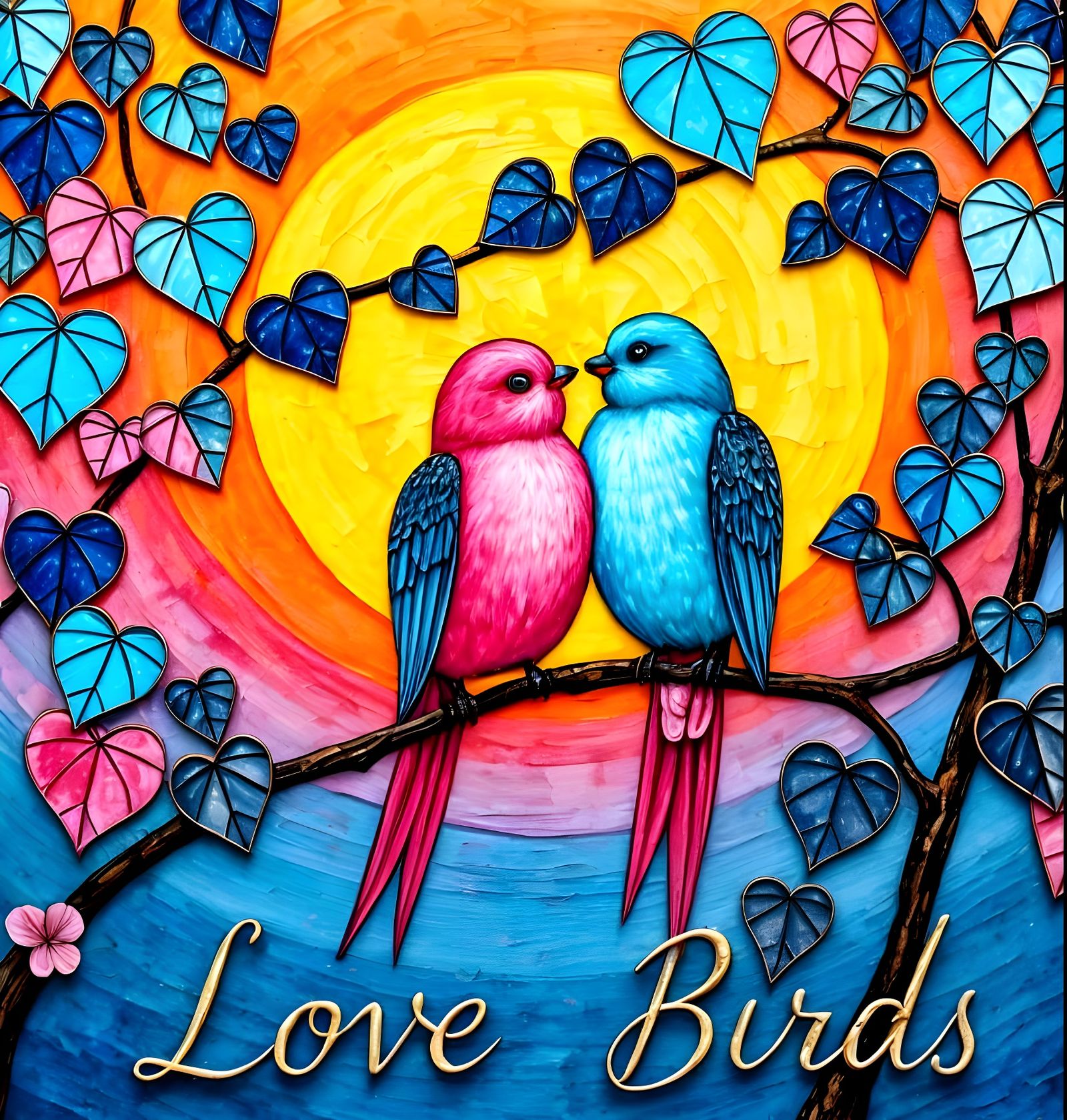 Love Birds in Whimsical Heart Tree Masterpiece