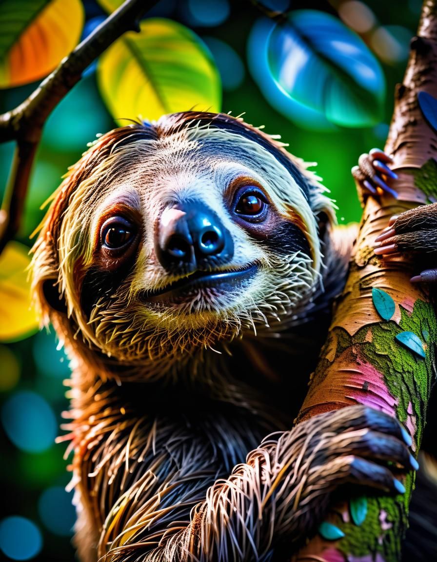 Serene Sloth in Dawn Rainforest: Photorealistic Image