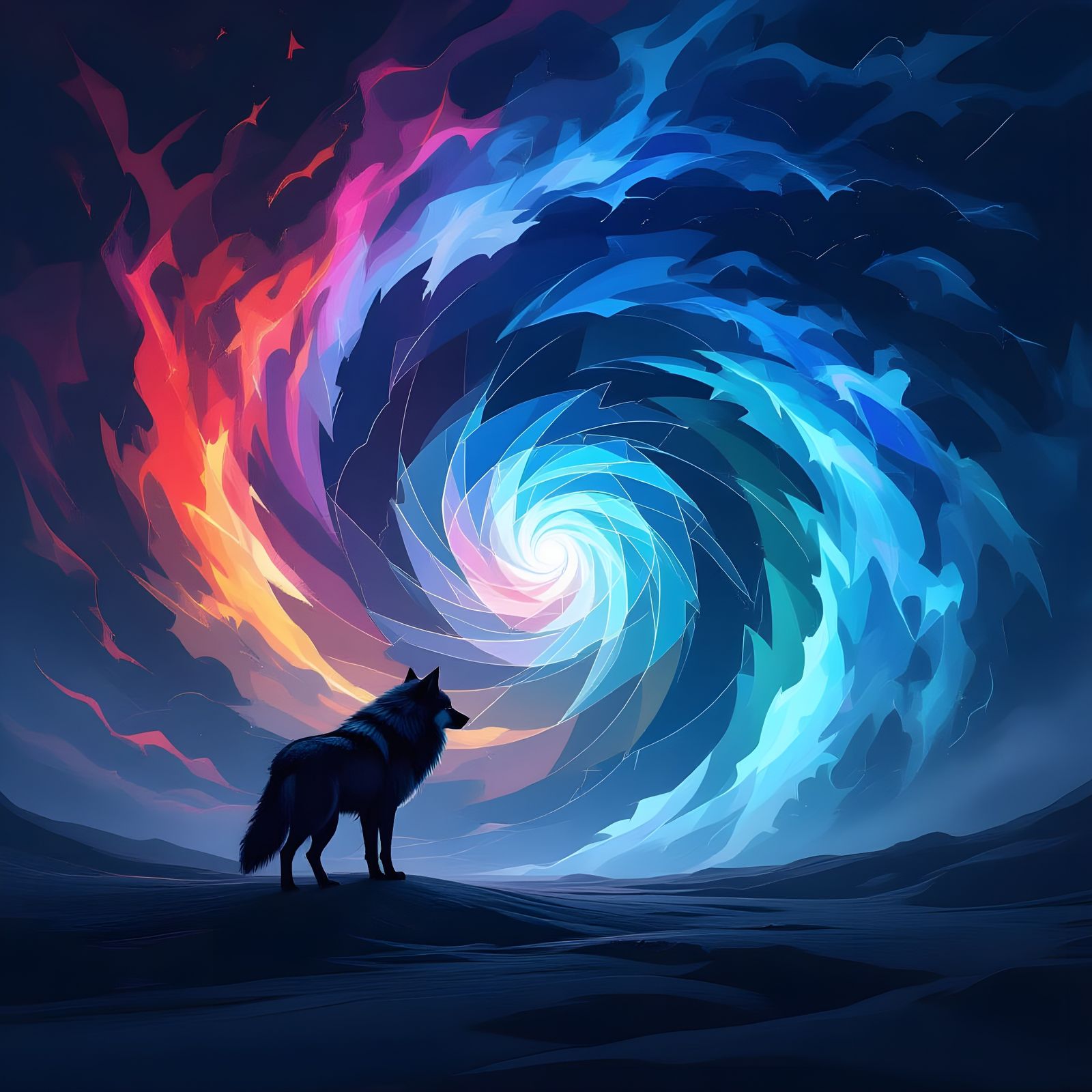 Lone Wolf Against Iridescent Abstract Vortex