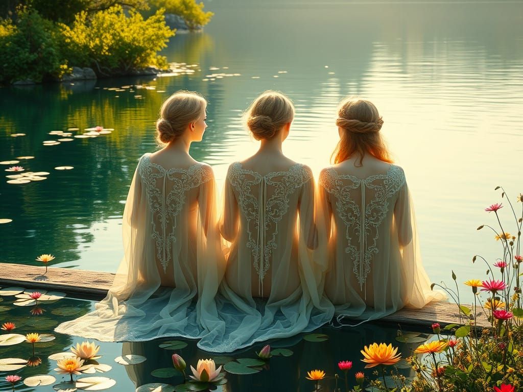 Serene Moirai Goddesses at the Lush Lake's Edge in Pre-Rapha...