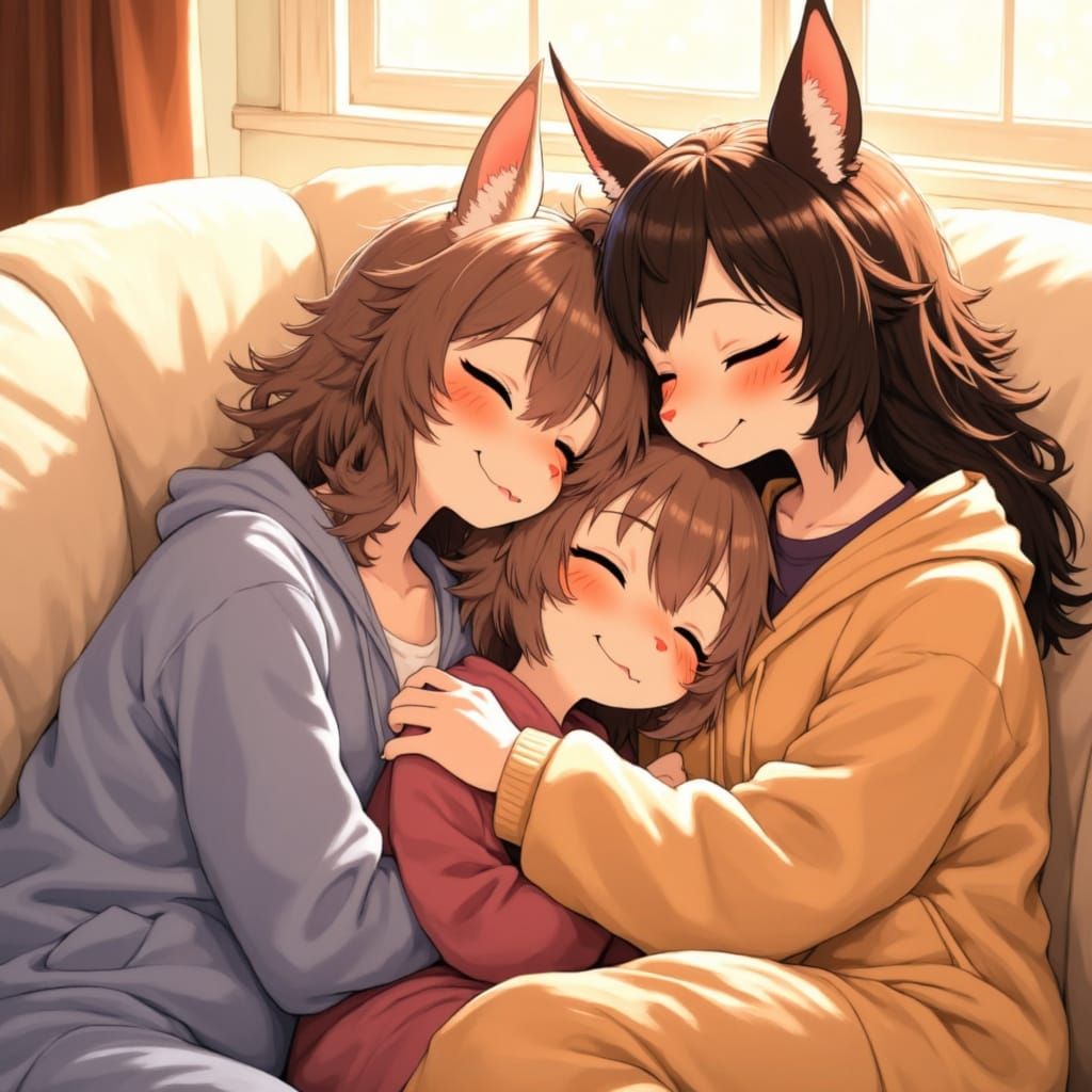 Three Girls Cuddle on a Plush Sofa in Pastel Colors