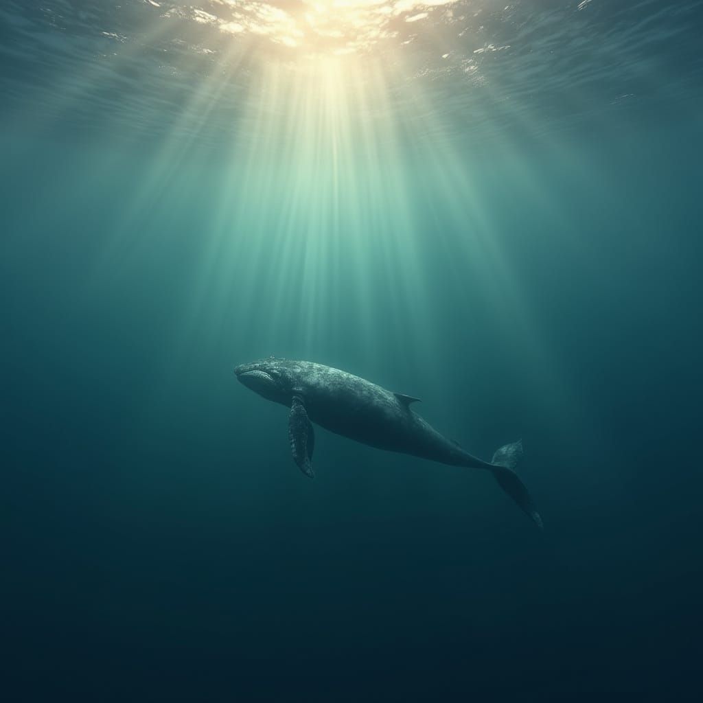 Whale Swimming in Ocean with Sunlight Radiating