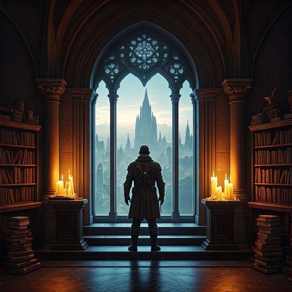 Soldier in Mystical Study with Cityscape View