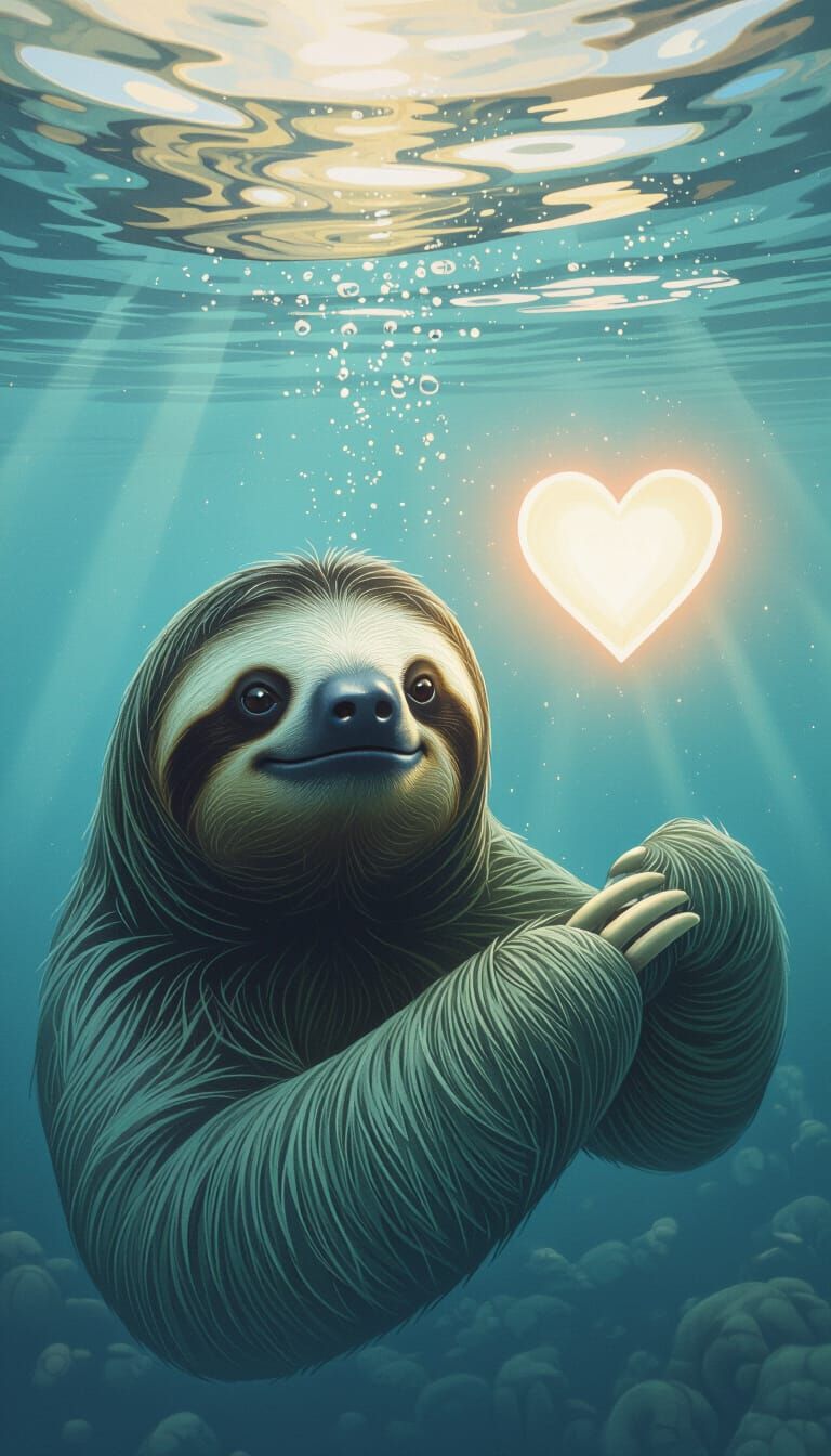 Surreal Sloth Underwater with Glowing Heart, Dreamlike Reali...