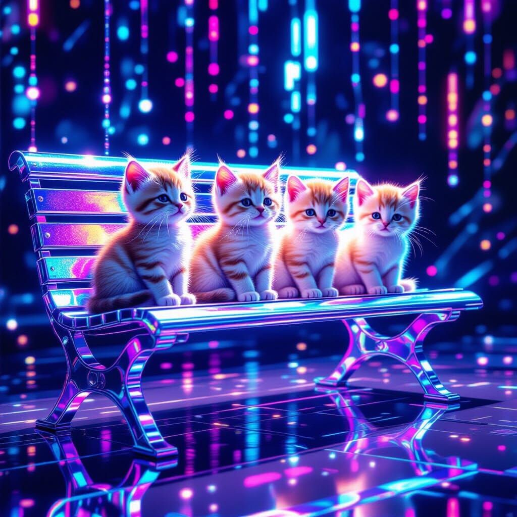 Kittens on Holographic Bench in Cyberpunk Style