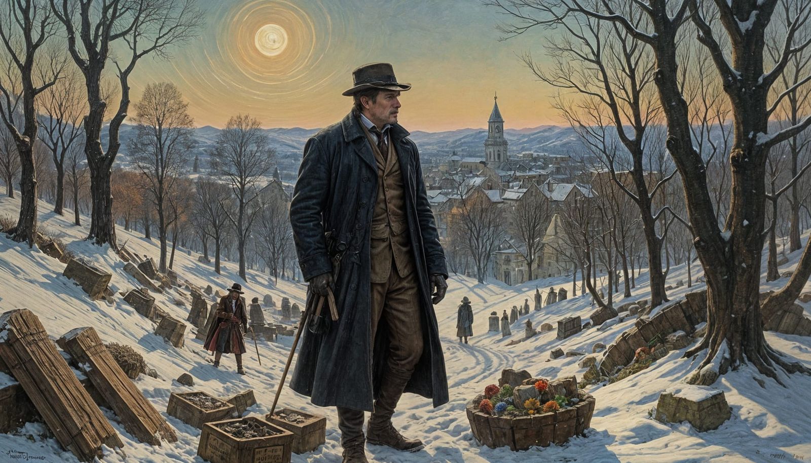 Ethereal Spirits Gather Around a Tomb in a Haunting Landscap...