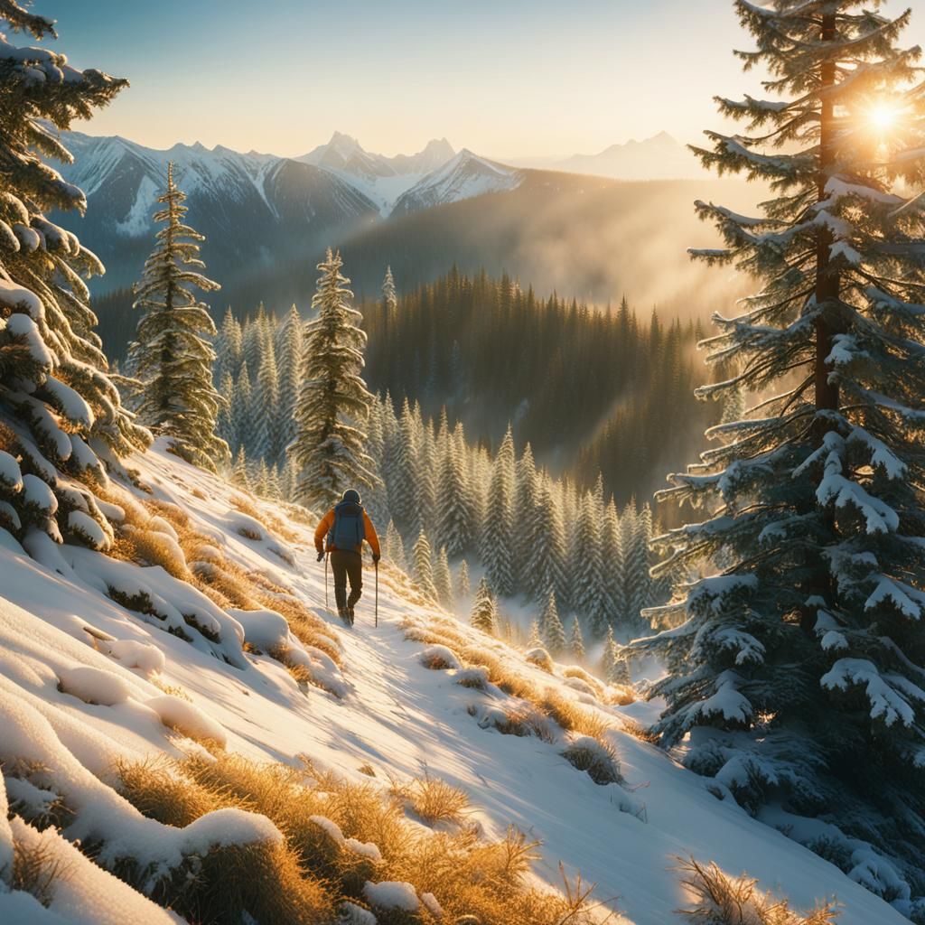 Hiker on Misty Evergreen Mountain at Dawn