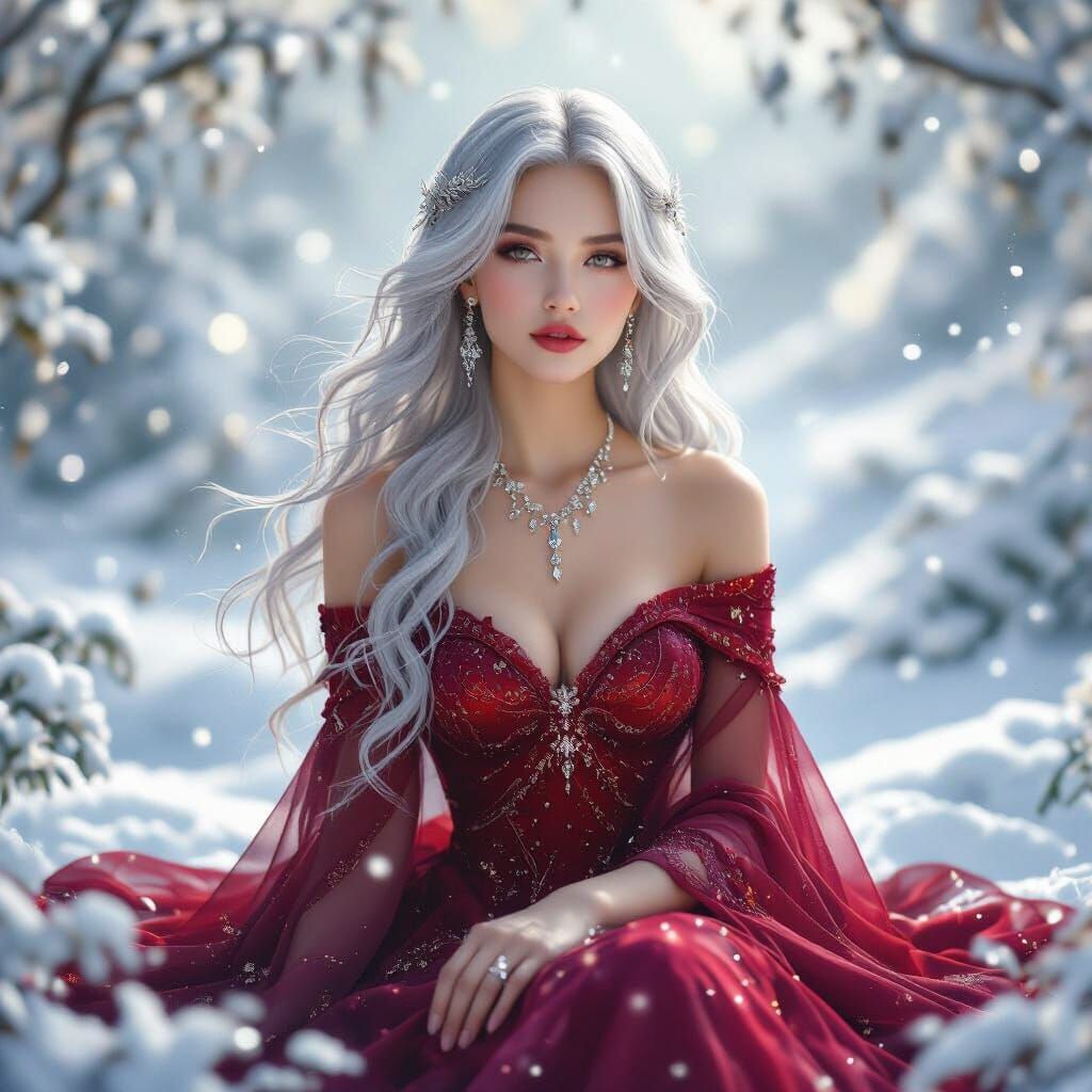 Snow Queen in Moonlit Gown Amidst Floating Gardens