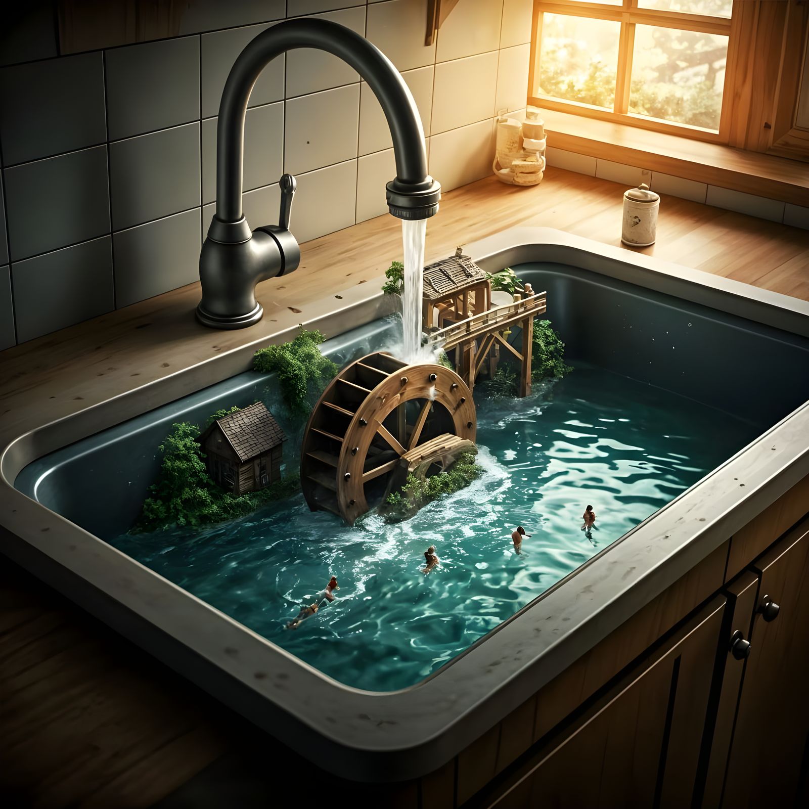 The waterwheel under Gulliver's faucet