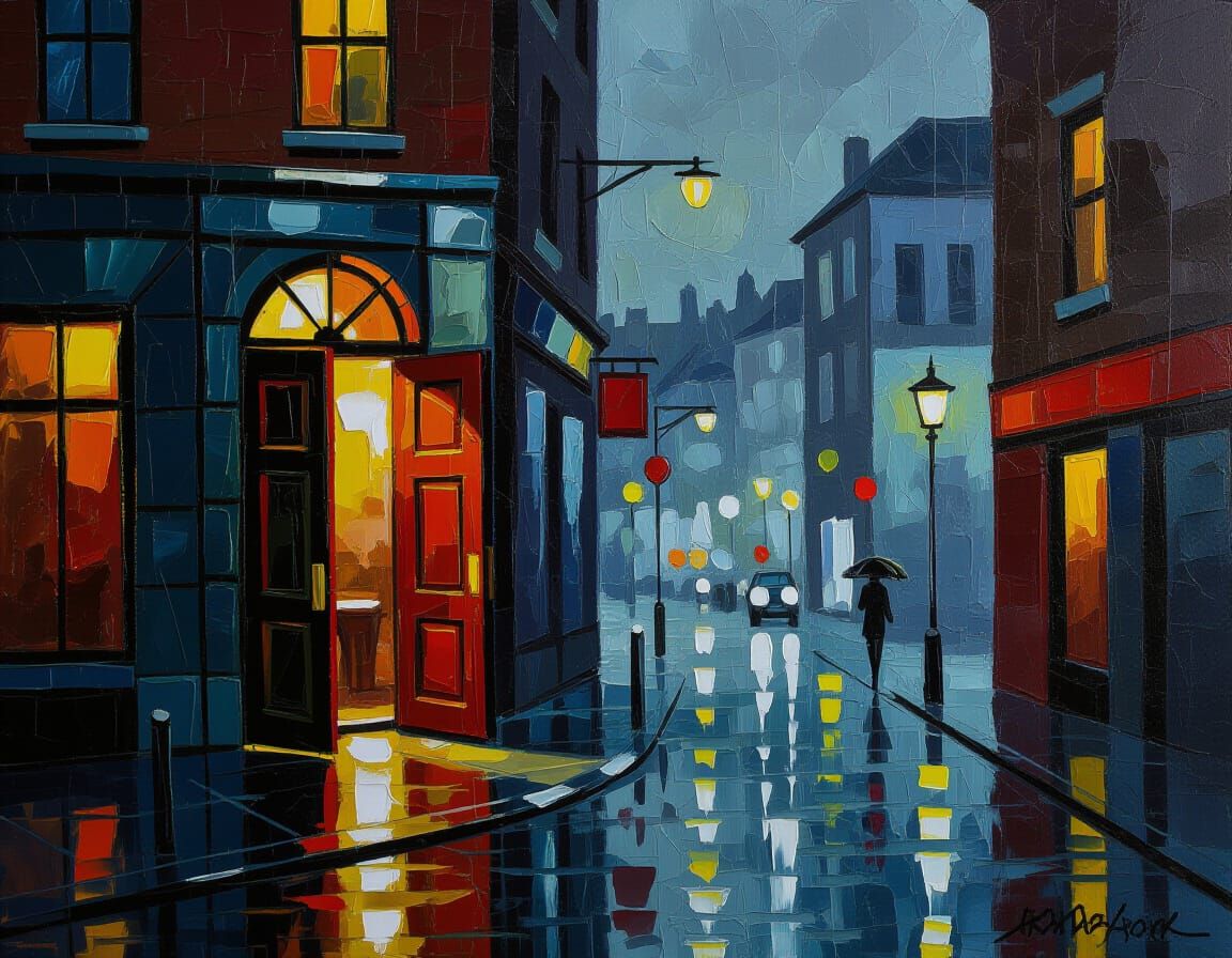 Impasto Painting of Rainy City Street with Lighted Door