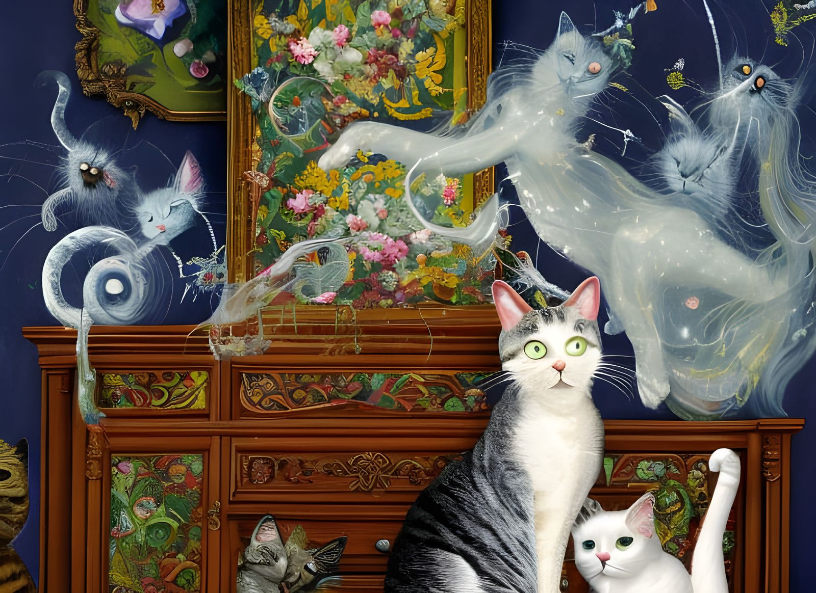 Cats in Ancestral Dreamscape: Surreal Digital Art