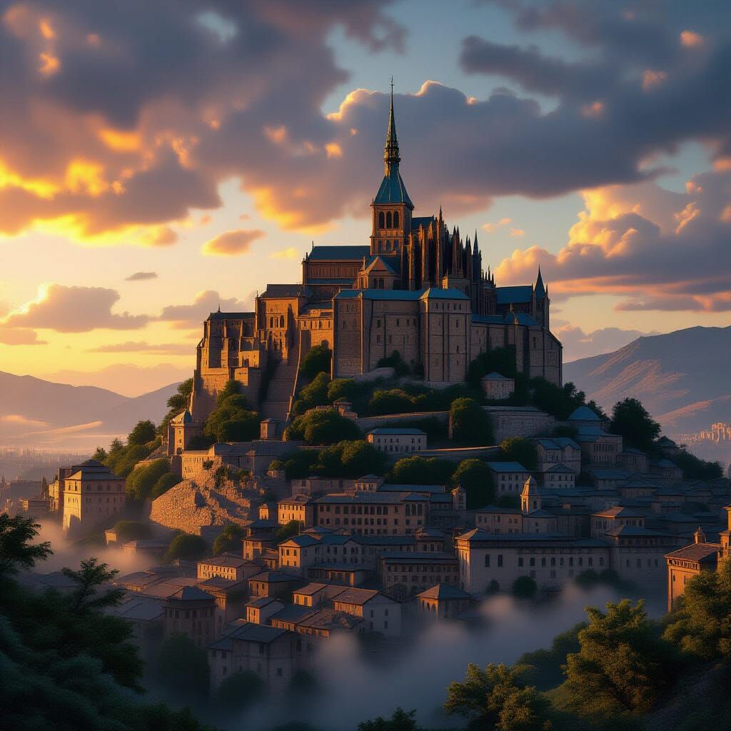 Medieval City on Hill at Sunset, Cinematic 3D Render