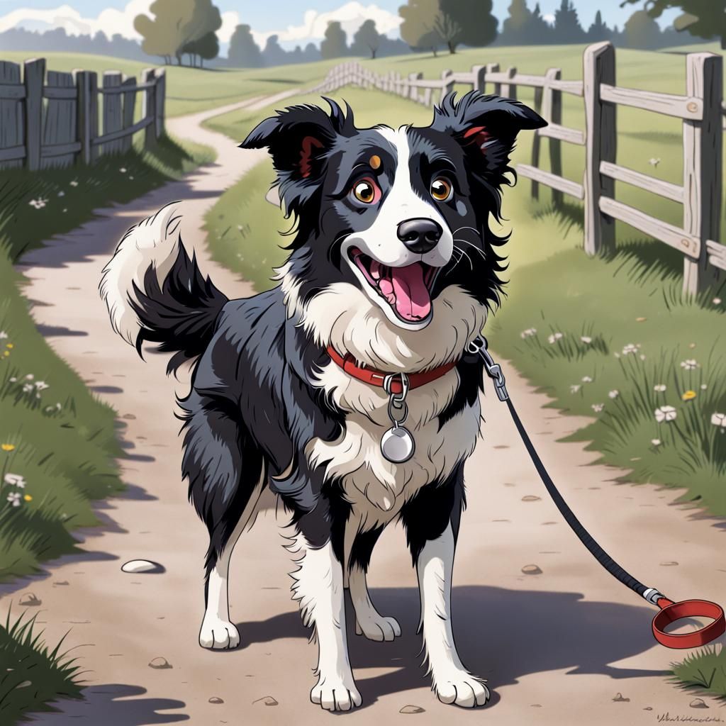 Humorous Cartoon Border Collie Begs for Walk